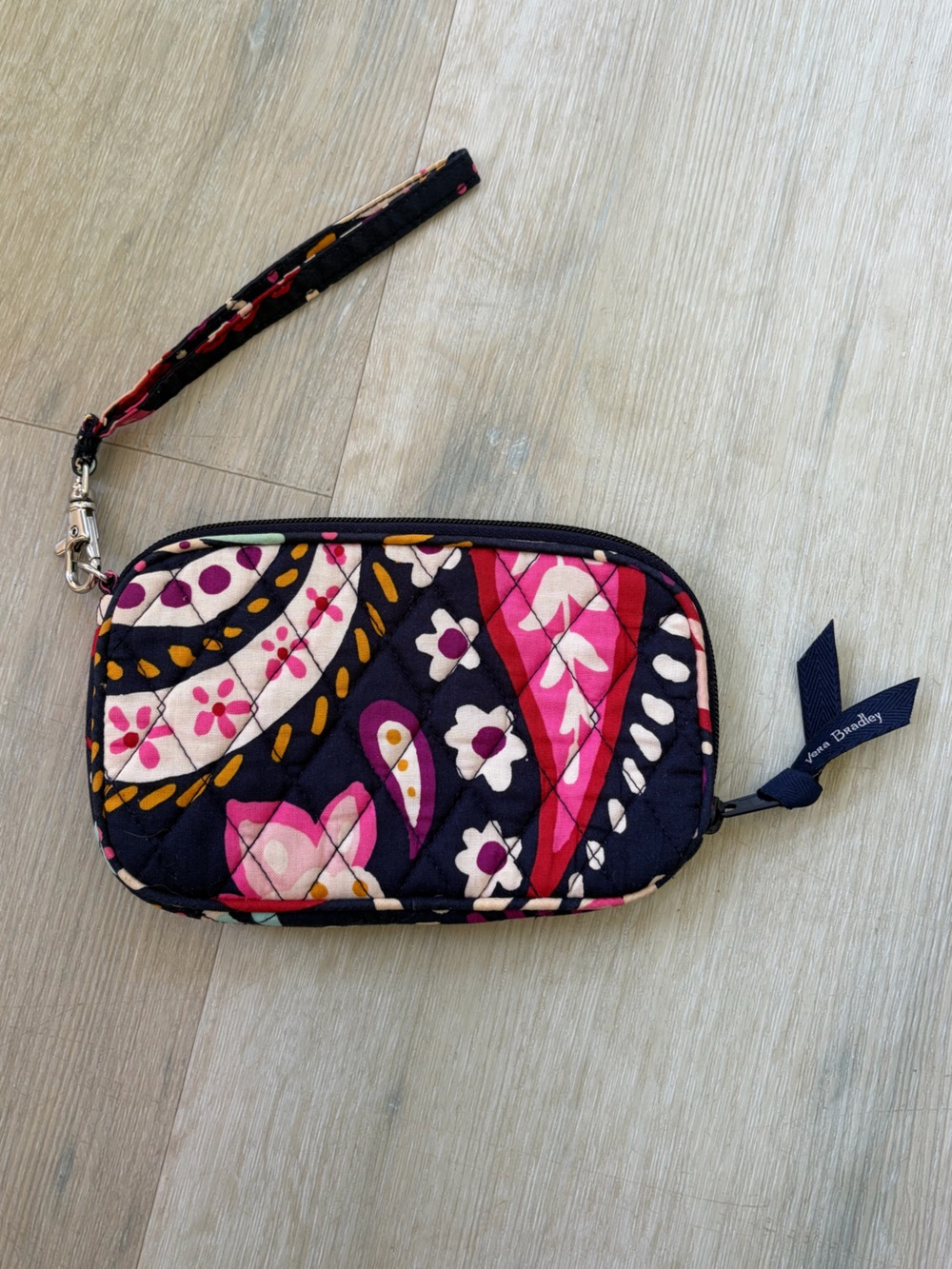 Vera Bradley Quilted Wristlet Pouch in Black, Pink, Cream & Yellow Paisley